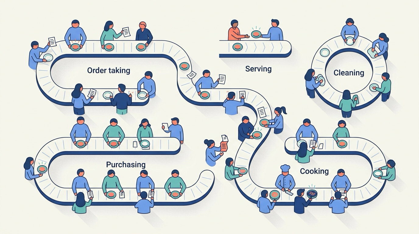 Офис как множество конвейеров из людей, передающих документы по цепочке